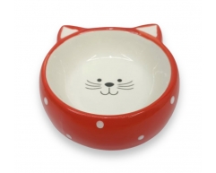 N1 миска керамическая Мордочка кошки красная в горох 180мл