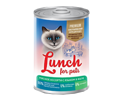 Lunch for pets консерва для кошек мясное ассорти с языком в желе профилактика МКБ 400г