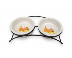 N1 подставка с двумя керамическими мисками с котиками 240мл